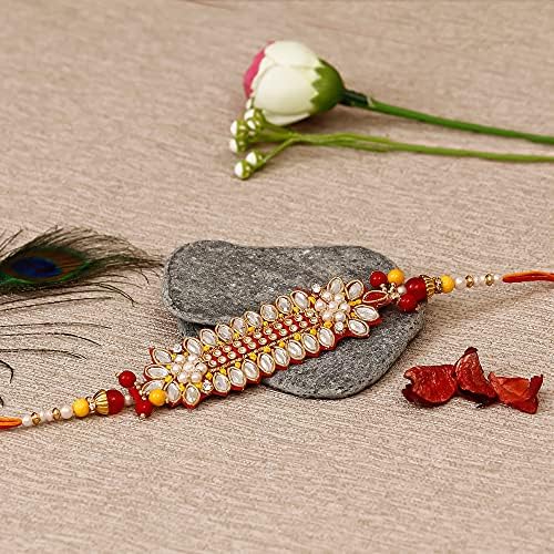 Image of eCraftIndia Set of 5 Multicolor Beads Pearls Diamond Rudraksha Rakhis for Brother Bhaiya Bhai | Roli Chawal Pack | Raksha Bandhan Rakhi