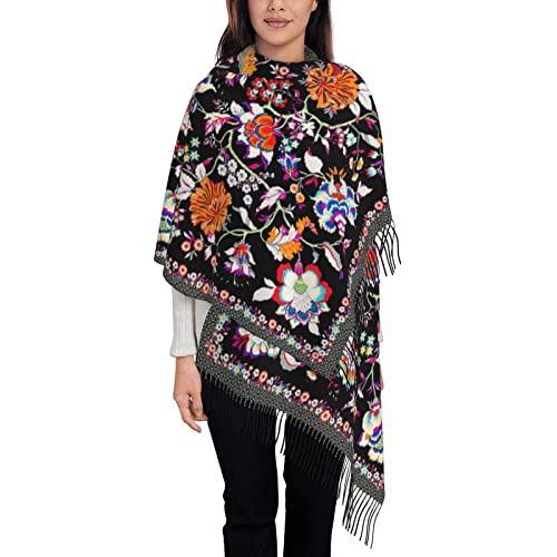 Sptvan Boho Tassel Scarf Wrap And Shawl Black Flower Pashmina Scarf For Women Ladies Long Printed Reversible Fall And Winter #TOP17