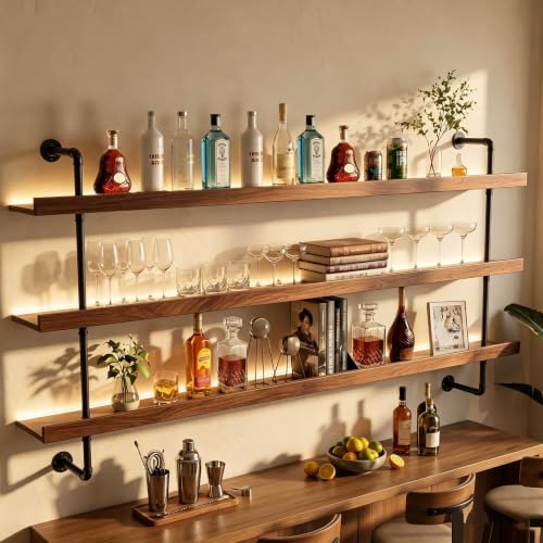 Image of HOUSESET 36 /48 /60 /72 /84in Wine Wall Rack with Led Lights, 3-Tiers Modern Pipe Liquor Bottle Display Shelf, Bar Shelves Wall Mounted for Commercial Bar, Restaurant, Home