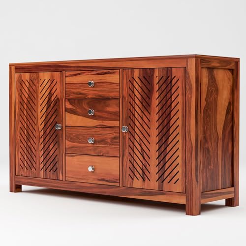 Image of Solid Sheesham Wood Wooden Chest of Drawers for Storage Sideboard Cabinet with 4 Drawers and 4 Shelf Storage for Living Room & Bedroom (Roger, Honey Finish)