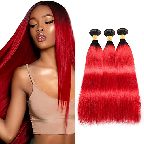 Ombre Red Bundles Human Hair Straight Bundles 10 12 14 inch Double Weft 2 Tone Dark Roots to Red Unprocessed Brazilian Virgin Hair Weave Red Hair Bundle 300g