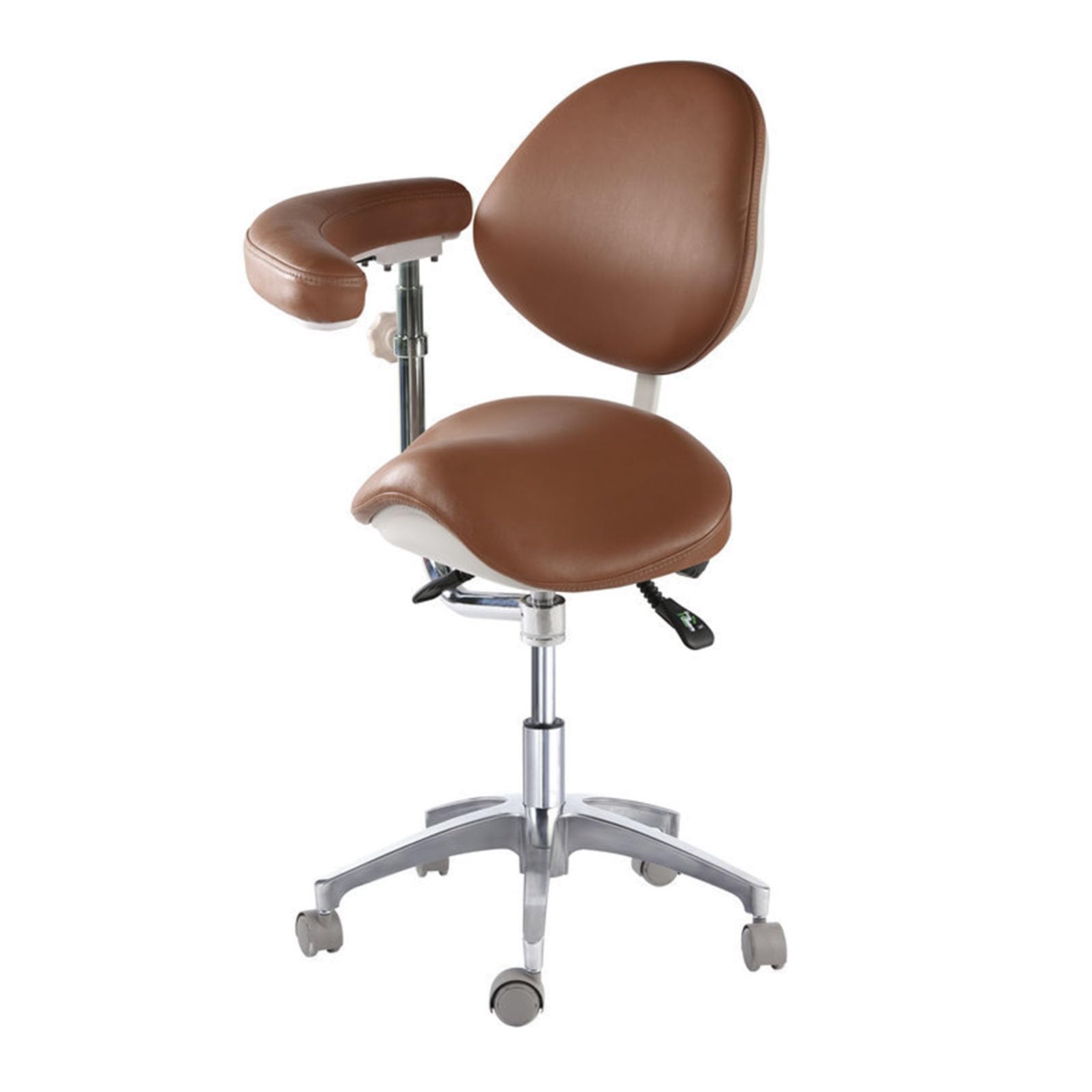 Taburete de sillín con soporte para la espalda y reposabrazos giratorios 360°, ergonómico y ajustable para tatuajes dentales