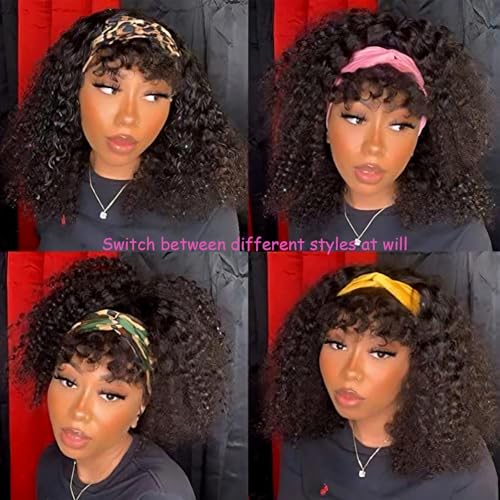 Image of Punmasa Headband Wig Human Hair Deep Wave 150% Density None Lace Front Wig Human Hair Machine Made Wigs 14 inches Headband Curly Human Hair Wigs for Women Natural Color Half wigs
