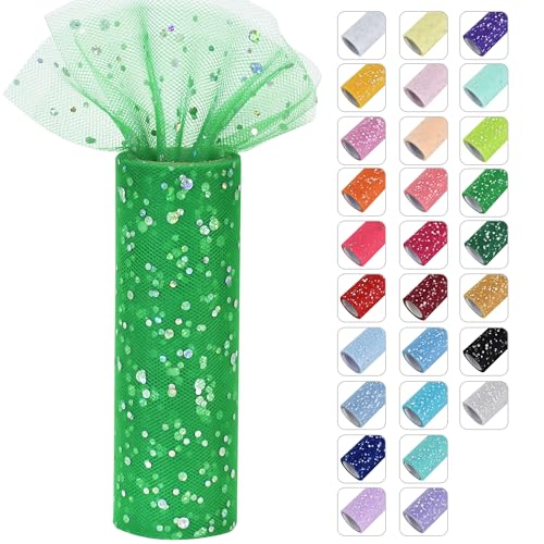 RIBBOOO Christmas Green Glitter Tulle Rolls 6 Inch by 10 Yards Sequin Tulle Fabric Ribbon for DIY Tutu Skirt Sewing Bow Decorations Craft Supplies Birthday Wedding Baby Shower Party Decoration