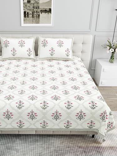 Urban Jaipur 100% Cotton Queen Size Bedsheet for Double Bed (95 x 108 Inches) | 210 TC Bed Sheet for King Bed with 2 Pillow Covers | Floral Jaal Print - White, Orange