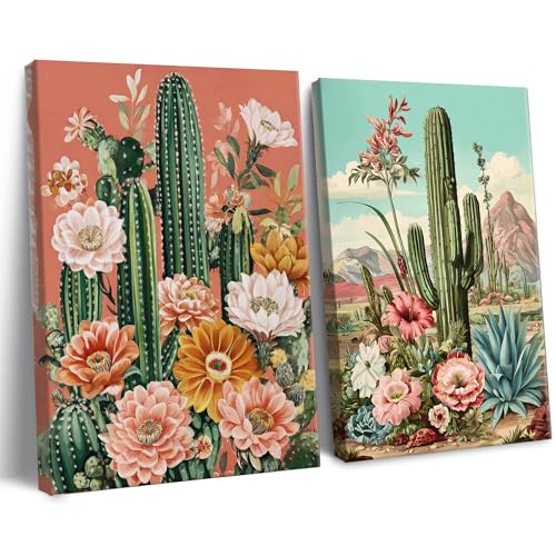 Image of Frimeeme Framed Cactus Wall Art Set of 2,12x16 inch | Vintage Cactus Desert Floral Wall Decor Paintings for Living Room Bedroom Bathroom