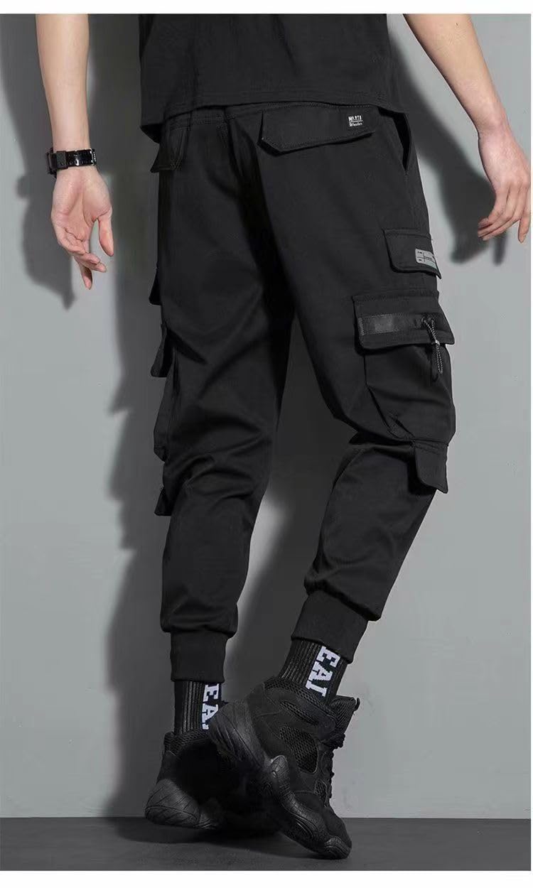 Casualowe wiosenne spodnie cargo dla mężczyzn, styl streetwearowy, z wstążkami i wieloma kieszeniami