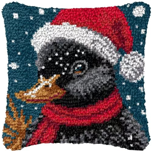 Image of Howie's Latch Hook Kits for Adults, DIY Duck Latch Hook Pillow Kit for Adults Crochet Yarn Kits, Color Preprinted Pattern Embroidery Sofa Cushion Cover (Duck with Red Nightcap, 16.93 x 16.93 inch)
