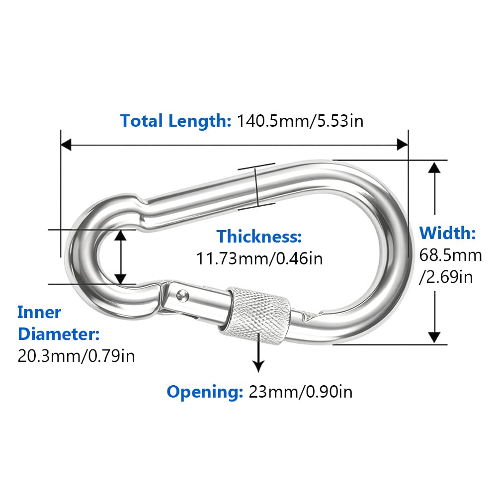 5 Stück Große Karabinerhaken, M12 140.5mm Karabiner Edelstahl Feder-Schnapphaken mit Schraubverschlüssen und 431KG Last für Hängematte Schaukel Camping Wandern Gewichtheben