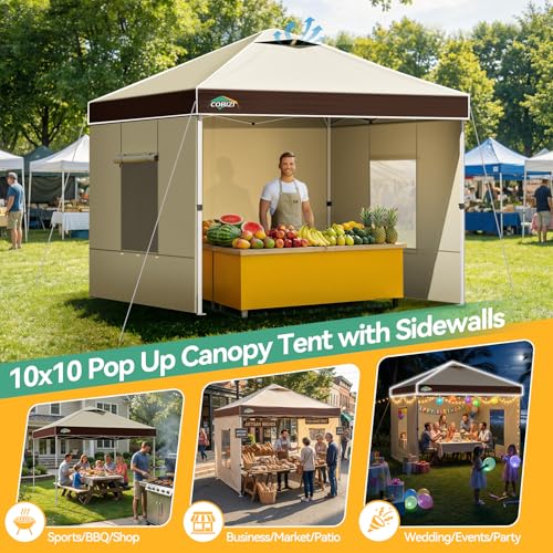 Image of COBIZI 10x10 Pop Up Canopy Tent with Sidewall,Outdoor Canopy,Dark Brown
