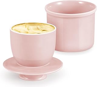 Porcelain Butter Crock Keeper - French Dish With Lid, Tabletop Spreadable Soft and Fresh Water Sealed Holder, Cafe Retro Collection Farmhouse Decor (Pink)