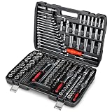 CROWNSHOP Mechanic Tool Set, 216 Pieces(Including The Case) – 1/2", 1/4", 3/8" Drive Socket Set with Ratchet Wrenches, Spanners, Bits, Hex Keys – Car & Home Repair Tool Kit in Case