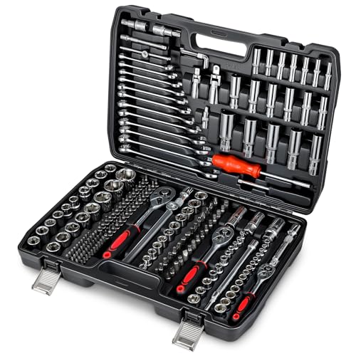 CROWNSHOP Mechanic Tool Set, 216 Pieces(Including The Case) – 1/2", 1/4", 3/8" Drive Socket Set with Ratchet Wrenches, Spanners, Bits, Hex Keys – Car & Home Repair Tool Kit in Case