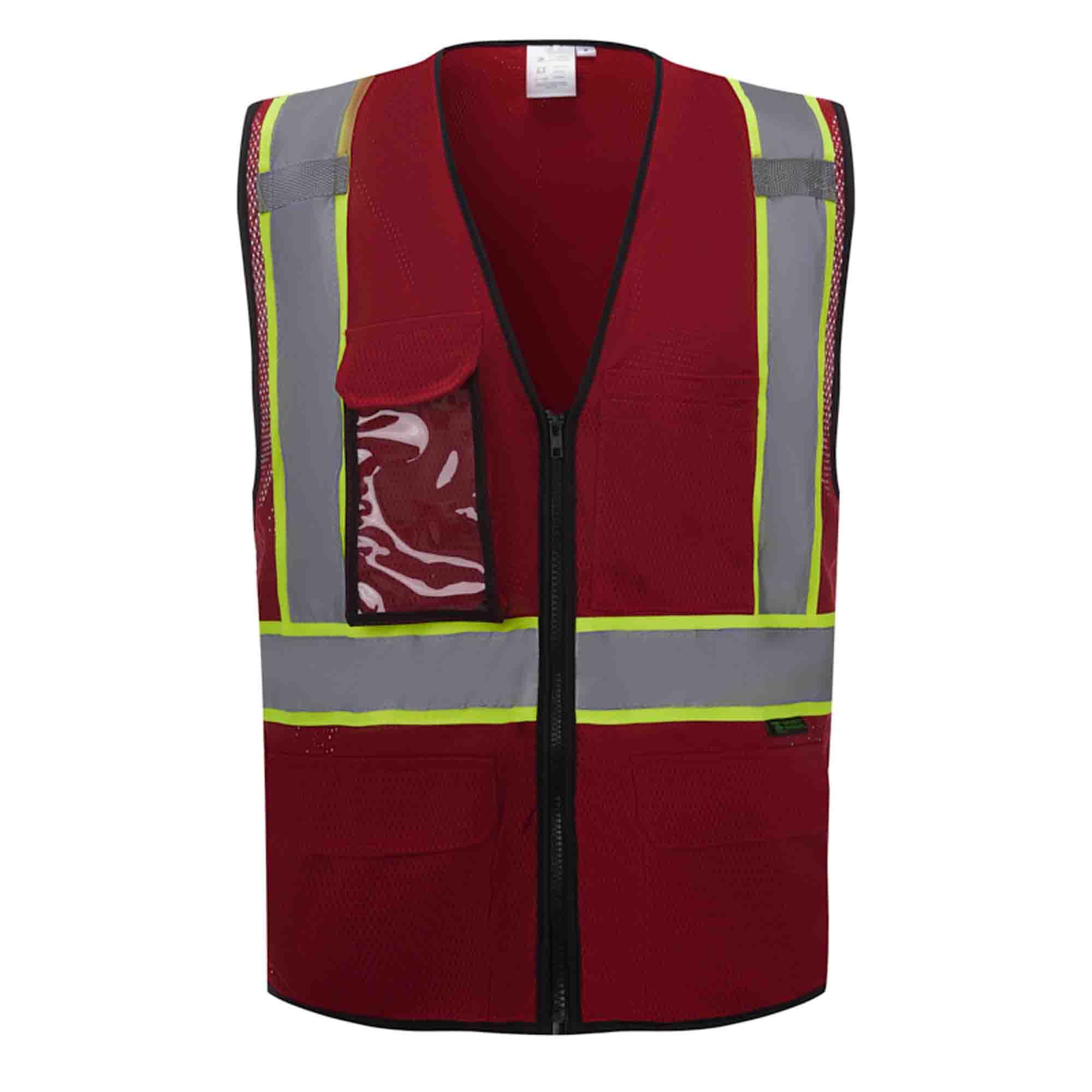 3C Products SV2540 Deluxe Ultra Cool Mesh Safety Vest,2” Reflective w/Yellow Binding,Zipper,9 Pockets,Red