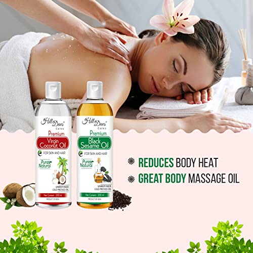 Image of HillDews Virgin Coconut Oil (200 ml) and Black Sesame Oil (200 ml) Combo - Cold Pressed - Moisturizes the Skin and Nourishes Soft and Shiny Hair (200 ml + 200 ml)