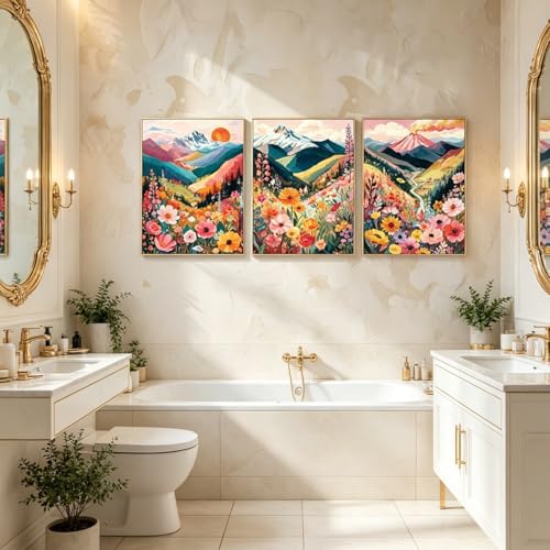 Image of Frimeeme Colorful Floral Mountain Wall Art Set of 3, 12x16in, Unframed