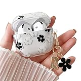 MINSCOSE Compatible with AirPods 4 Clear Case,Cute Cartoon Flower Pattern Design with Floral Keychain, Soft TPU Protective Shockproof Case for AirPods 4 for Girls Women-Black