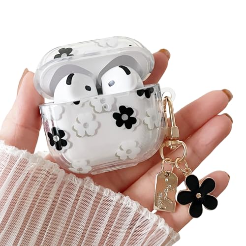 MINSCOSE Compatible with AirPods 4 Clear Case,Cute Cartoon Flower Pattern Design with Floral Keychain, Soft TPU Protective Shockproof Case for AirPods 4 for Girls Women-Black
