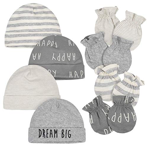 Gerber Baby 8-Piece Organic Cap and Mitten Set, Grey Lamb, 0-6 Months