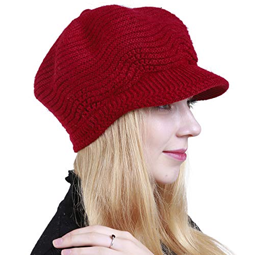 Women's Winter Hat Slouchy Cable Knit Visor Crochet Beanie Hats Warm Snow Ski Skull Cap With Brim Red #TOP6