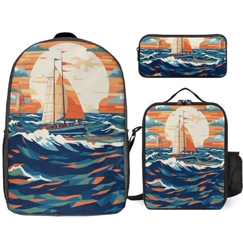 3 Piece Backpack for Women Men Lightweight Causal Daypack Shoulder Bag Set with Insulated Lunch Bag And Pencil Case Organizers Sailboat Wave Pattern