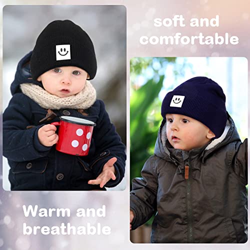 3 Pcs Baby Smile Face Beanie Cap Beanie Knit Hats For Toddler Kids Beanie Caps Smile Face Embroidered Soft Winter Hats (Black, Gray, Navy, 6-36 Months) #TOP3