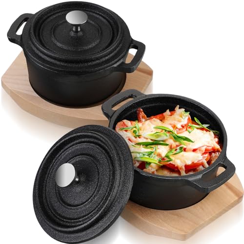 Suttmin 2 Sets 8 oz Dutch Oven Pot with Lid and Wooden Base Pre Seasoned Cast Iron Casserole Mini...