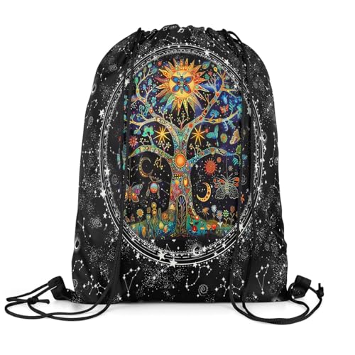 Feelyou Boho Exotic Tree Gym String Bag Bohemian Life Tree Drawstring Backpack Sun Moon Drawstring Bags for Women Men Galaxy Astrology Space Waterproof Cinch Bag Size