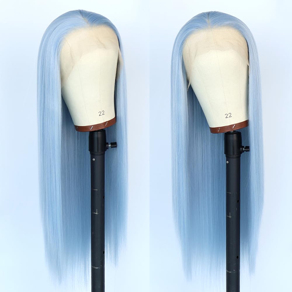 Light Blue Wig for Women Long Straight Blue Lace Front Wig Synthetic Hair Glueless Wig Pre Plucked Natural Hairline Blue Wig for Daily Wear or Cosplay