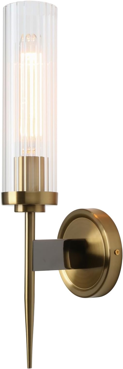PERMO Vintage Antique Sconces Brass Gold Single Wall Sconce Light Fixture with 2.8" Cylindrical Clear Glass Shade for Living Room Home Office Entryway
