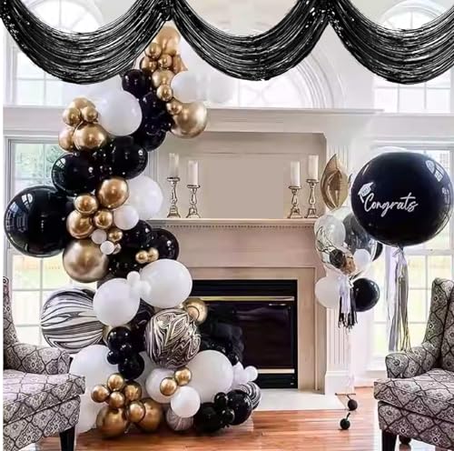 QFSH 2Pcs Metallic Foil Ceiling Fringe Curtains (Black)