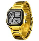 Shocknshop Reloj digital deportivo cuadrado con esfera negra y correa de acero inoxidable unisex (esfera negra y correa de color plateado) -WCH53, Negro, dorado, Large, Correa