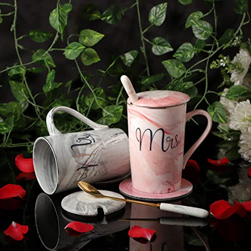 Image of NYRWANA Coffee Mug, Wedding Gift for Couples, Rakhi for Brother and Bhabhi with Gift, Mr & Mrs Set of 2 Coffee Mugs, Lids, Golden Spoon, Bag, Box, Pink Rakhi with Tilak and chawal (380ml-Ceramic)