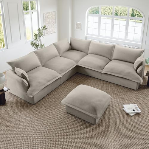 Lopzeho Oversized Cloud Modular Sectional Sofa, Comfy Down Filled Cloud Couch with Removable Cover, V Shaped 5 Seat Couch with Ottoman, Deep Seat Sectional Couches for Living Room, Light Gray