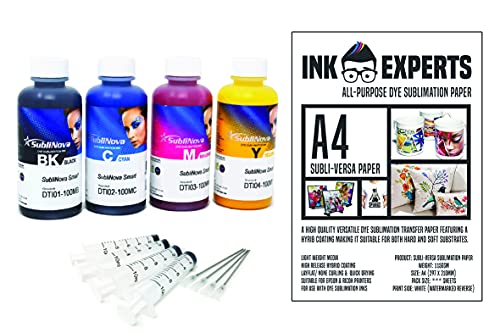 Ink Experts InkTec Sublinova Smart DTI Dye Sublimation Inks Versa Paper (100 Sheets) Bundle Inc. Syringes