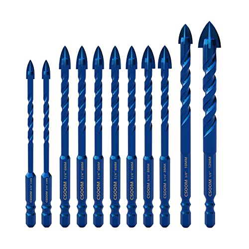 4 Wings Masonry Drill Bit Set 11 Piece Chrome Plated with Industrial Strength Carbide Tips for Tile/Cement/Cinderblock/Cement/Brick/Glass/Plastic/Wood by CSOOM