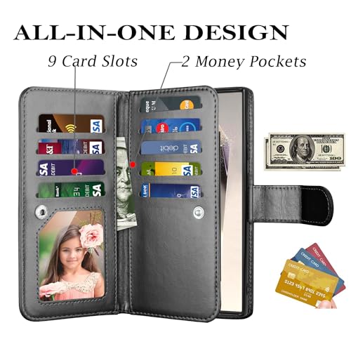 Takfox Wallet Case for Samsung Galaxy S24 Ultra, Galaxy S24 Ultra 5G Case, PU Leather Credit Card Holder Case [9 Card Slots] Folio Flip Detachable Magnetic Cover Kickstand & Carrying Strap, Black