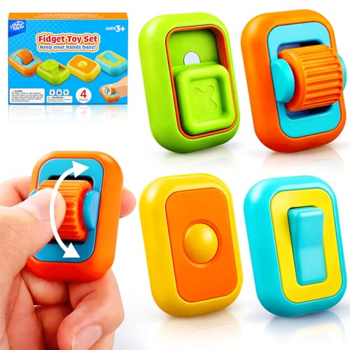 Fidget Toys Finger Fidgets for Kids: 4 Pack Sensory Fidget Toy for Stress Relief- Multi-Functional ADHD Tools for Autism Kids Calming- Fun Fidgets with Slider, Clicker, Roller for Travel Classroom