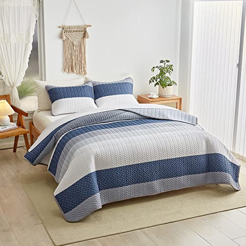 Striped Cotton Quilt Set Queen Size With Navy White Blue-Gray Stripes Soft Cotton Reversible 3Pc Quilt Bedding Set, Coverlet, Bedspread With 2 Pillow Shams #TOP4