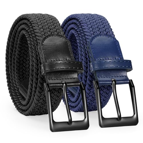 Image of SANSTHS 2 Pack Stretch Braided Elastic Belt for Men, 1 3 /8 inch Elastic Woven Belts Mens Stretch Belt for Casual Golf Jeans