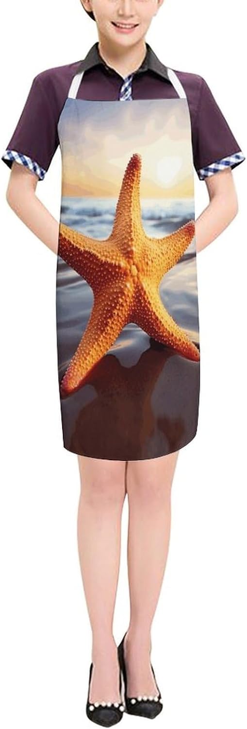 Starfish Chef Apron Lightweight Soft Adjustable Bib Apron Cute Restaurant Work Aprons Washable Cooking Kitchen Aprons for Men Women Waiters