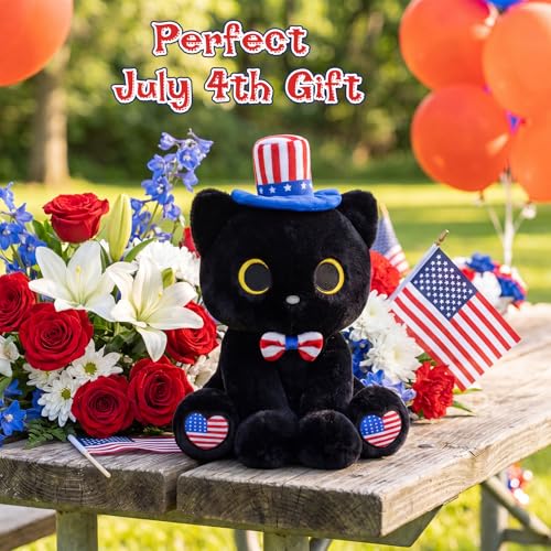 Image of Black Cat Plush with Patriotic Bow Hat for Kids | Cat Stuffed Animal Red White and Blue Plushies, Kawaii Birthday Gift Decorations, 8inch