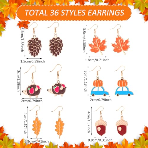 Sasylvia 36 Pairs Fall Thanksgiving Dangle Earrings Bulk for Women Holiday Earrings Set Pumpkin Sunflower Maple Leaf Pattern Jewelry Earring Variety Pack for Decor Gift4