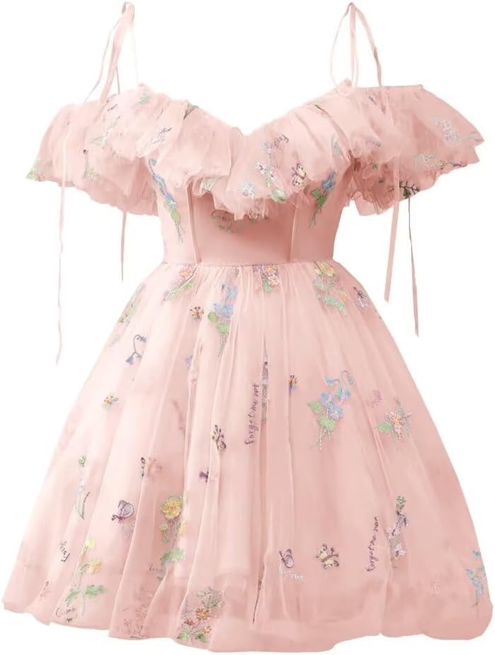 UZN Cold Shoulder Flower Embroidery Tulle Homecoming Dresses Short for Teens Formal Cocktail Party Prom Gowns