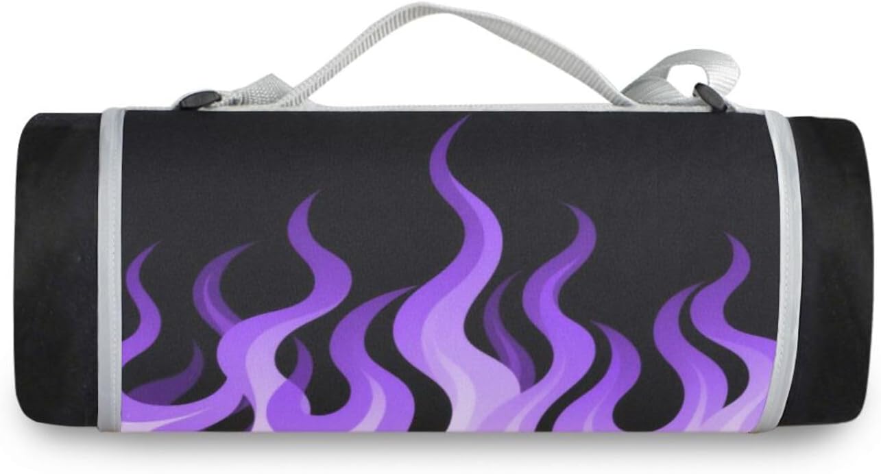 Round Outdoor Blanket for Grass - Fits 2 Adults, Summer Accessories Waterproof Outside Blankets for Grass Dual Layer, Sand-Free, Soft Throw Rug 58 in (Flowing Fire Giraffe Purple)