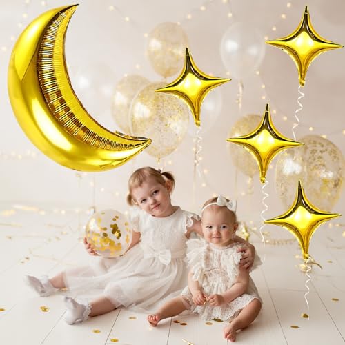 Image of Moon and Star Balloons New Years Balloons 36 Inch Large Metallic Gold Moon Shape Foil Balloon 18 In Star Shaped Balloon for Happy New Year Decorations Ramadan Eid Baby Shower Birthday Party
