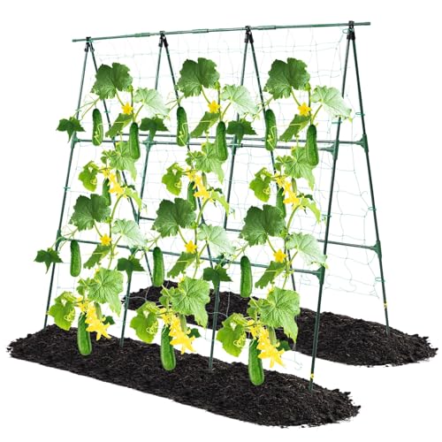 OTOSUNNY Cucumber Trellis, 50x48 inch A-Frame Garden Trellis for Climbing Plants Outdoor Support for Vegetable Vine Tomato Cucumber Trellis Raised Bed, with Netting, Green