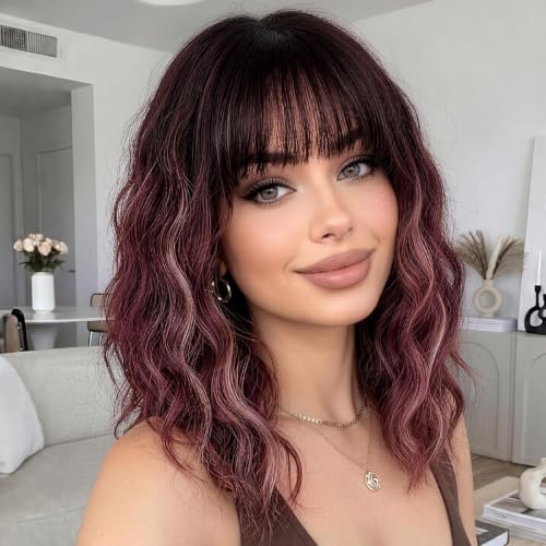 Image of Nnzes Short Wavy Bob Wig with Bangs for Women Shoulder Length Curly Soft Dark Brown to Wine Ombre Synthetic Heat-Resistant Fiber Hair for Daily & Party Use