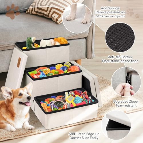 Image of Zerbuger Dog Stairs with Storage 18 inch H, 3-Step Wider Dog Steps for Small /Medium /Large Old Dogs Cats, Folding Sturdy Pet Stairs Climbing Bed or Couch, Ramp for Car Up to 200 lbs (Beige, No Condo)
