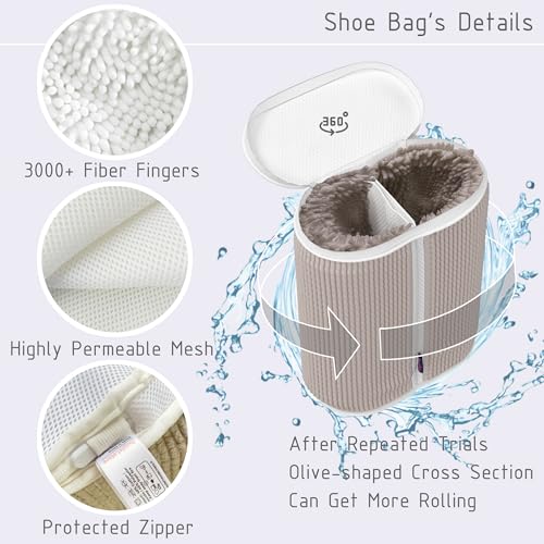 Dual Shoe Bag for Washing with Adjustable Shoe Trees, Laundry Shoe Bag for 2 Shoes, Fluffy Chenille Fiber, Wrap-around Cleaning, Olive-shaped Design, Durable Zipper, Beige3